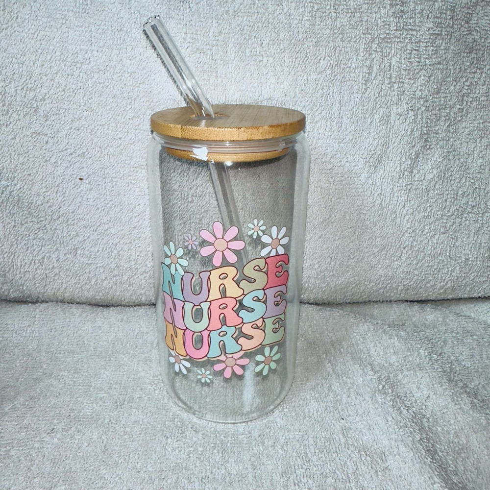 NWOT Unbranded Drinking Glass With Bent Glass Straw Bamboo Lid Boho Retro NURSE